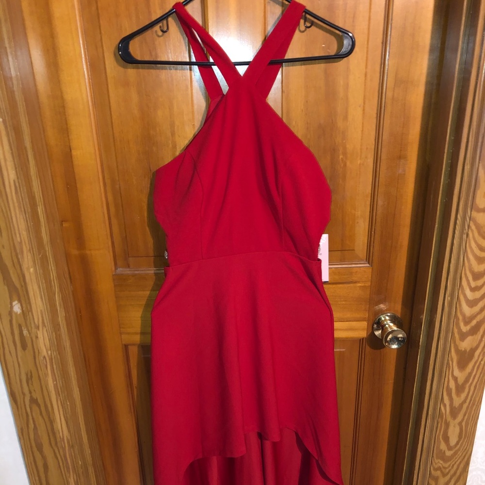 Red High-Low Dress w/ Side Cutouts & Rhinestones